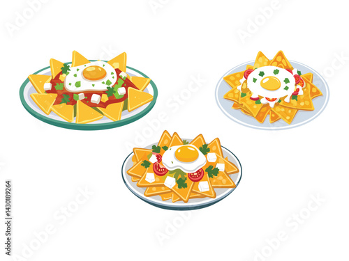 vector illustration of a mexican food Chilaquiles (Tortilla Chips with Salsa, Cheese, and Eggs)