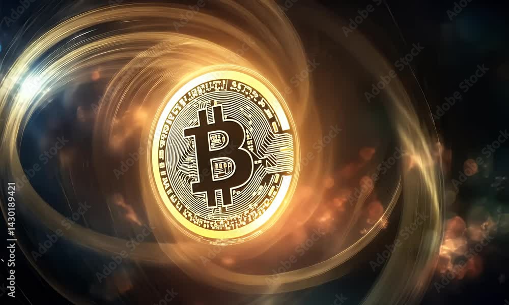Bitcoin coin glowing at the center of a swirling golden vortex, symbolizing the digital revolution, blockchain energy, and the future of crypto finance.