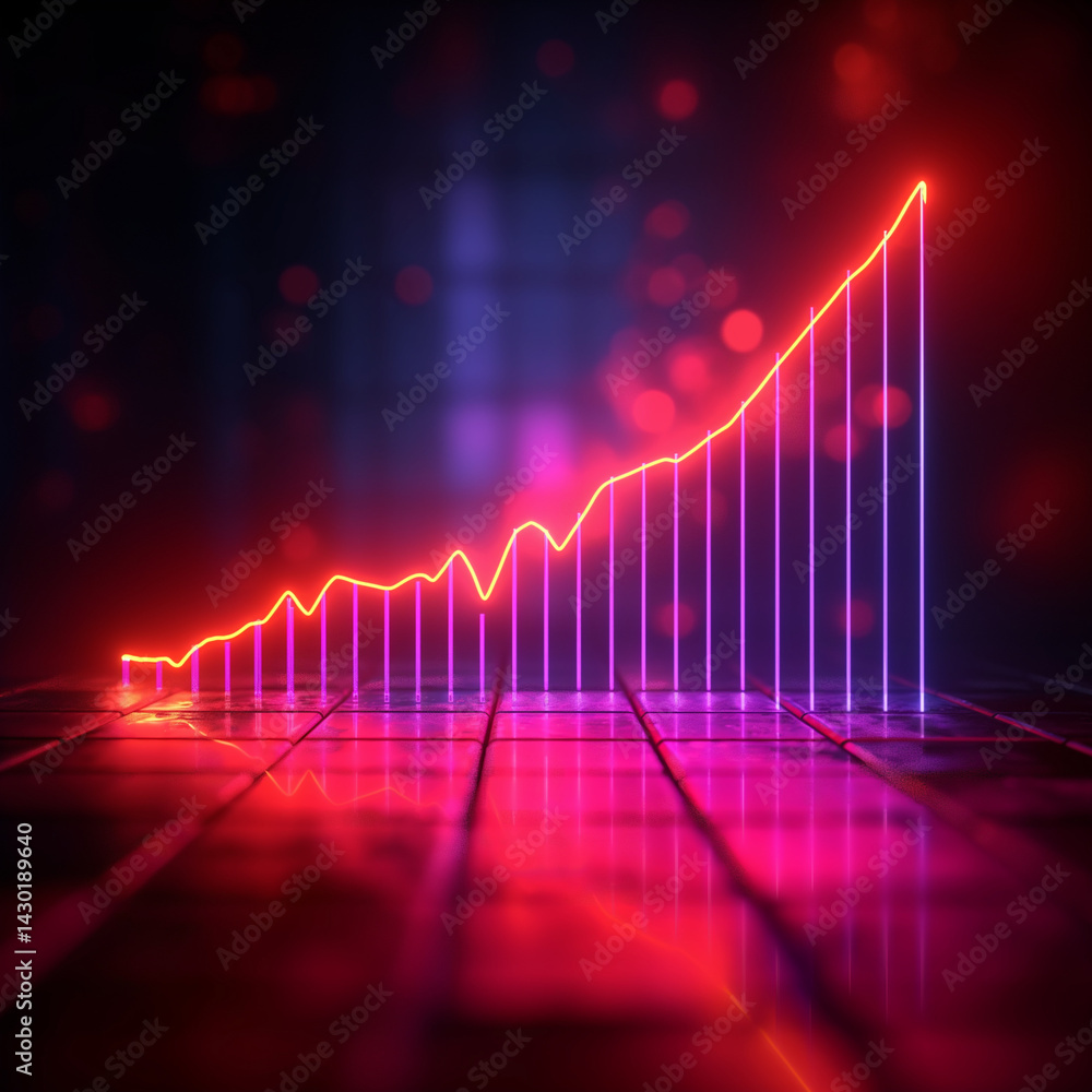 Glowing neon line graph showing rising trend. Futuristic financial growth chart. Glowing neon line graph showing rising trend. Futuristic financial growth chart.