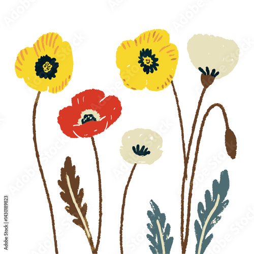 Simple funny childish kids hand drawing red yellow white poppy flowers vector botanical floral illustration