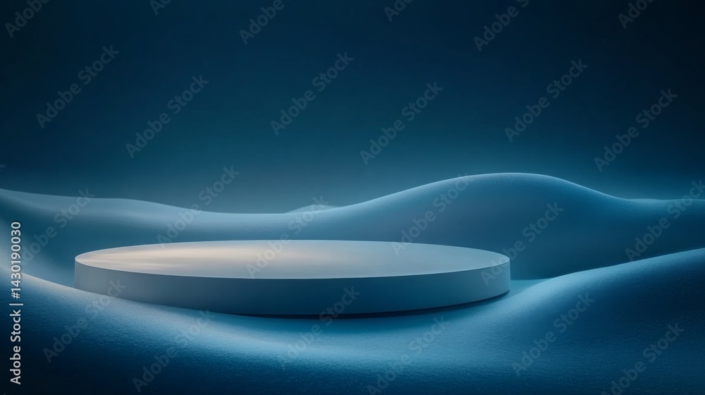 Obraz premium A side-angle view of a snow podium amidst smooth, white snow, enhanced by cool blue lighting that creates a tranquil winter atmosphere
