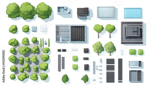 Set of elements top view for landscape design. Buildings and trees for map of city. Collection, kit of objects. House, factory, skyscraper, hotel, manufacturing. Isolated vector element from above.