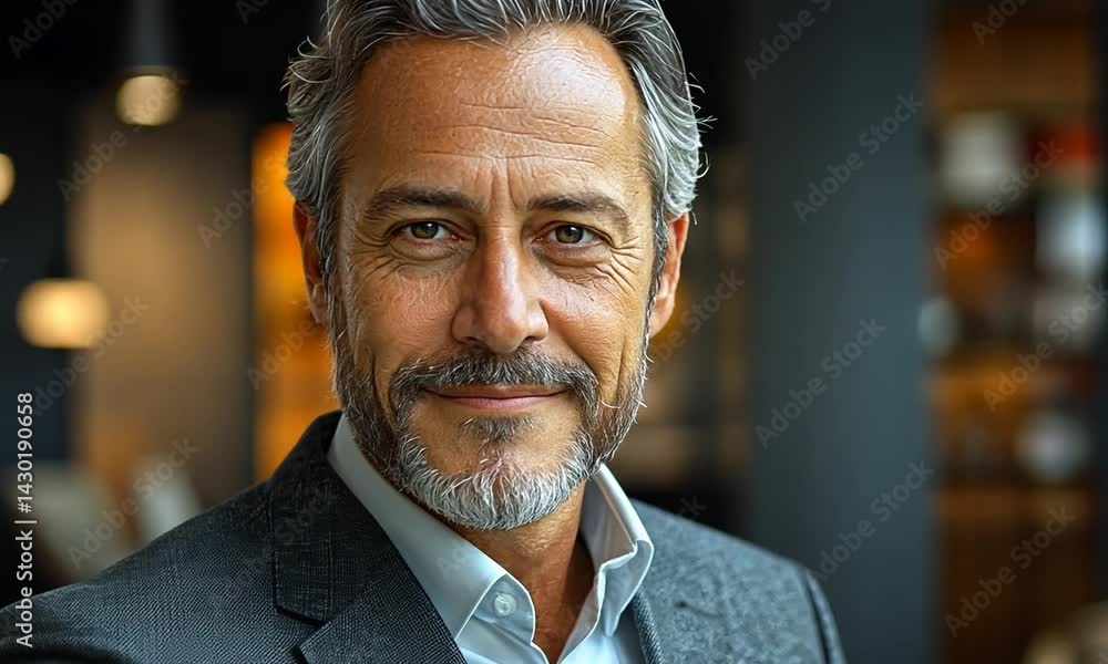 Confident middle-aged man in a stylish suit smiling warmly in a modern office setting Confident middle-aged man in a stylish suit smiling warmly in a modern office setting
