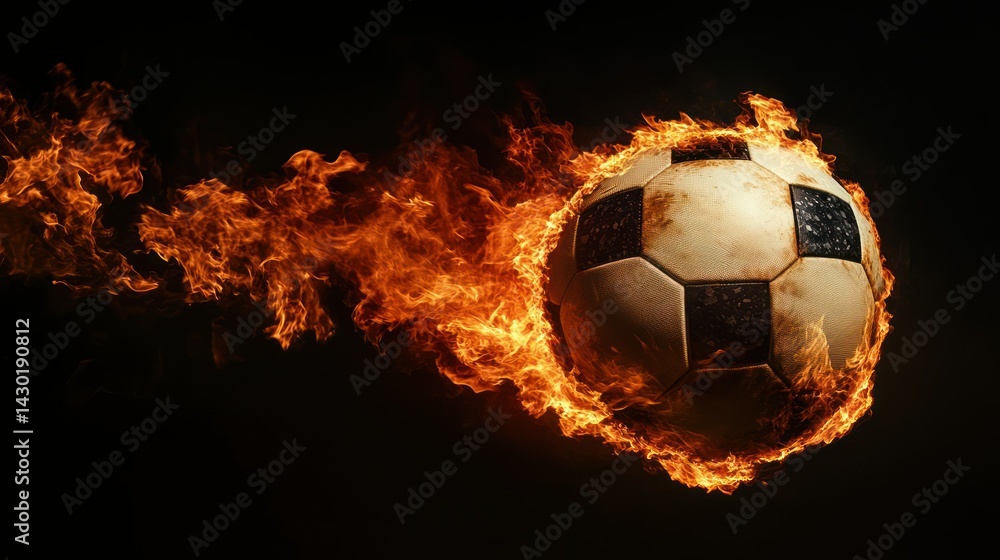 Fototapeta premium A flaming soccer ball in motion, symbolizing energy and excitement in sports.