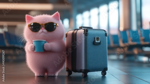 A fluffy pink cat wearing sunglasses holds a drink next to a suitcase in an airport setting.
