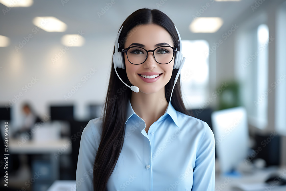 Obraz premium call center operator, smiling representative with headset on, business team working together in office 