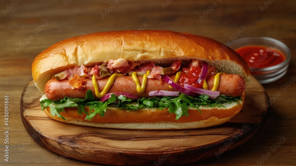 A hot dog with ketchup, mustard, onions, and relish on a wooden board. A hot dog with ketchup, mustard, onions, and relish on a wooden board.