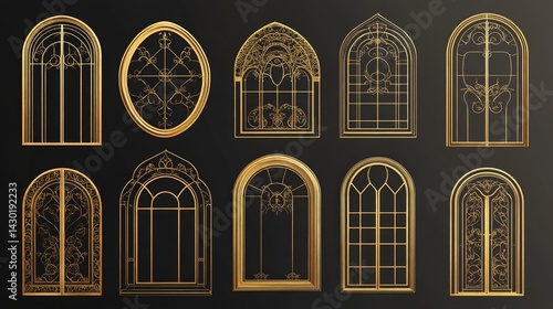 Set of gold borders and frames. Collection of linear style windows and doors. Minimalist arch design. Golden design element for project.