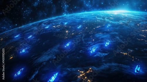 A futuristic view of Earth with illuminated ships navigating the oceans at night.