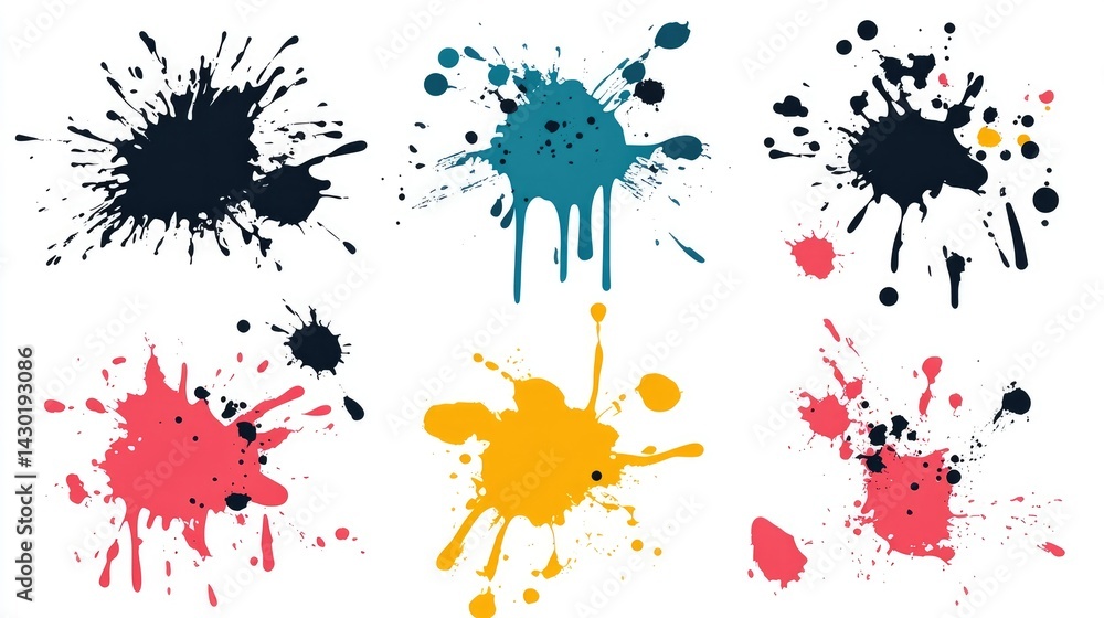 Fototapeta premium Set of grunge ink splatter. Splash of paints, spray drops, wet paint drop collection. Kit with design elements: splash and drip, silhouette blob spray. Vector illustration.