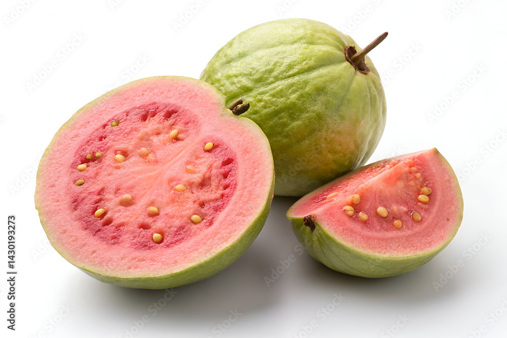 Whole and sliced guava on white background best for advertising, marketing and promotion concept Whole and sliced guava on white background best for advertising, marketing and promotion concept