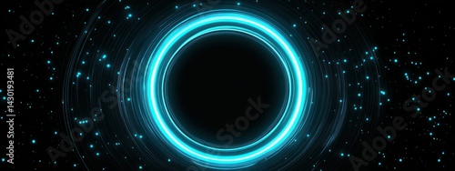 A glowing blue circular design set against a dark background, suggesting depth and space.