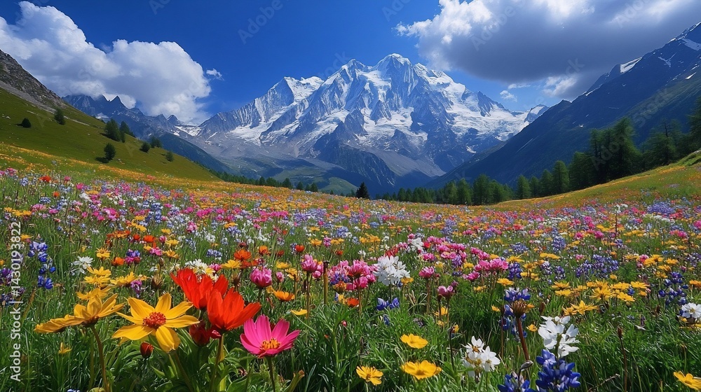 Blooming meadow beneath majestic peaks: A vibrant landscape of wildflower paradise Blooming meadow beneath majestic peaks: A vibrant landscape of wildflower paradise