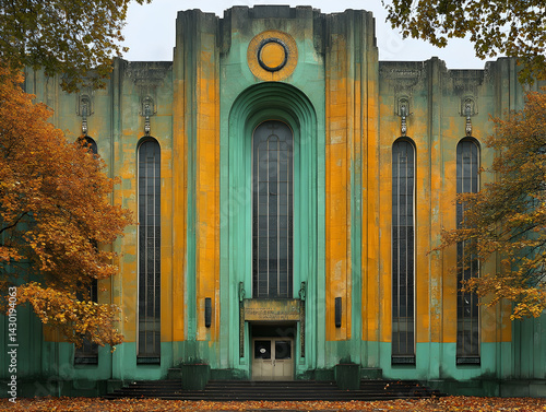 Art deco building with tall windows and autumn leaves falling around green  gold paint  textured surface