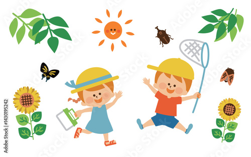 虫取り　夏休みの子供　イラスト素材