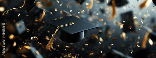 A graduation cap surrounded by confetti, symbolizing celebration and achievement.