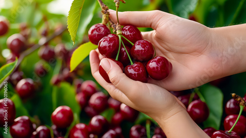 Hands picking ripe red cherries from a tree in a fruit orchard