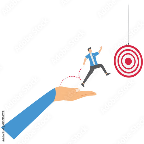 Businessman jump from giant hand to progress toward target symbolizing business mentorship