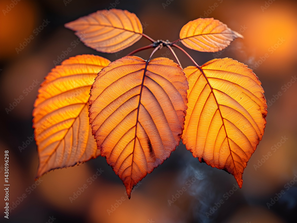 Close up of three orange autumn leaves with detailed veins against a blurred dark background Close up of three orange autumn leaves with detailed veins against a blurred dark background