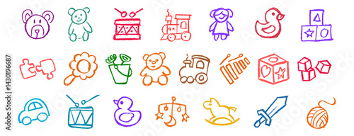Kid Toys Crayon Chalk Drawing Vector Set