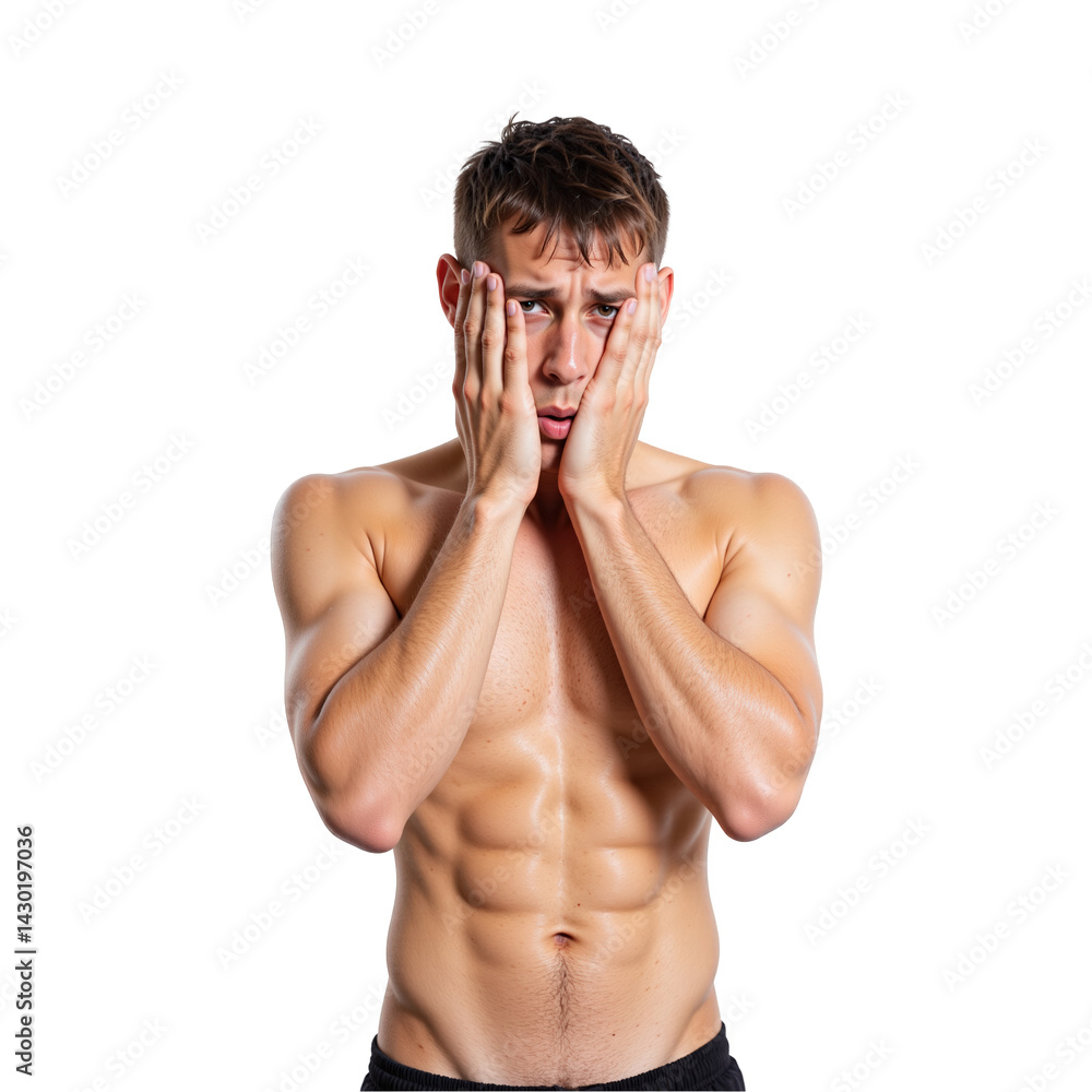 Fototapeta premium A Young Caucasian Male Model with an Athletic Build Displays a Distressed Expression While Touching His Face, Set Against a Solid transparent background