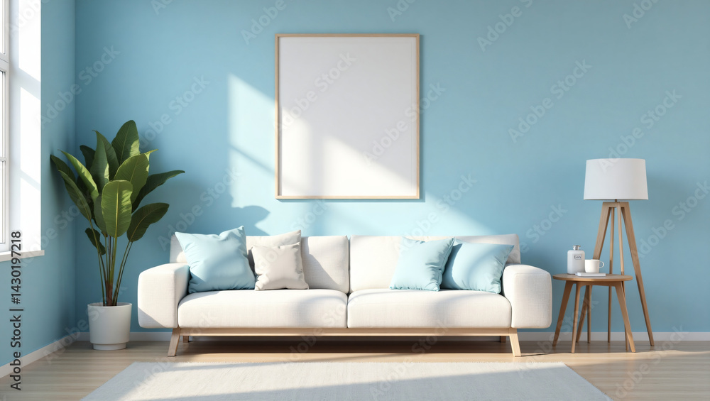 Fototapeta premium Serene Blue Modern Living Room with White Sofa and Minimalist Decor