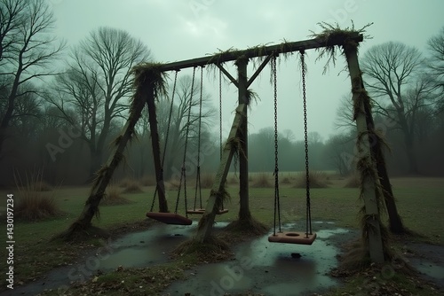Rusty playground swing set overtaken by vines in a quiet, foggy woodland clearing.