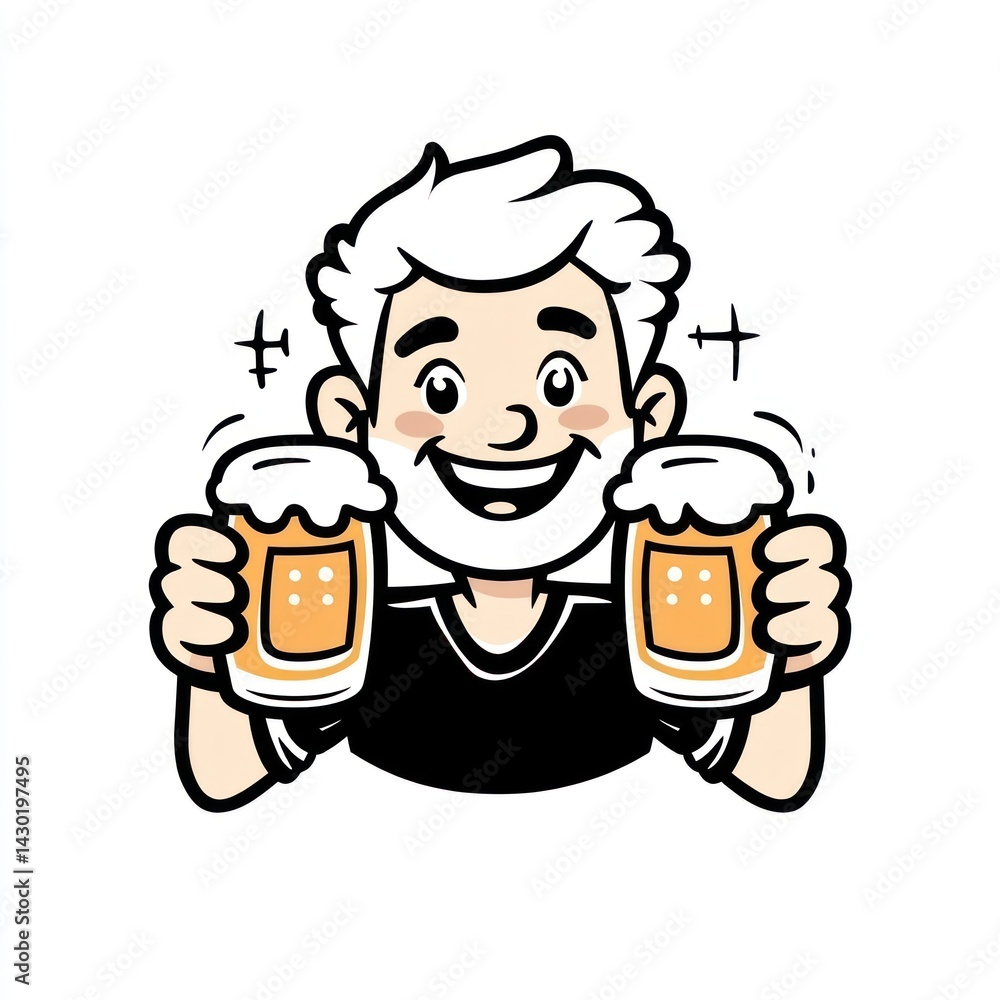 Cartoon man celebrating with beers Cartoon man celebrating with beers