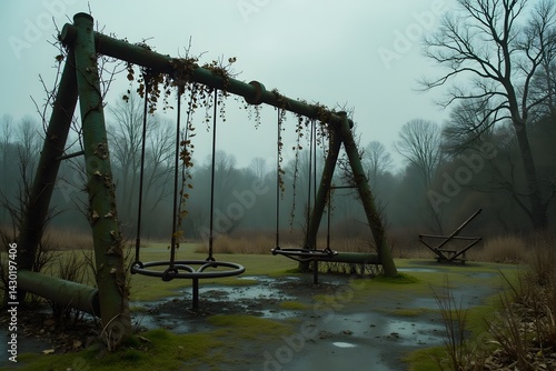 Nature takes over an old playground with vines climbing swings in a foggy landscape.