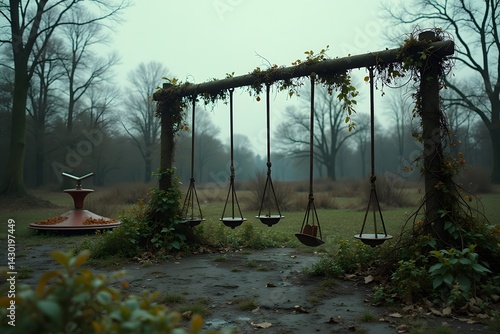 Abandoned playground reclaimed by nature with moss-covered swings in a misty forest.