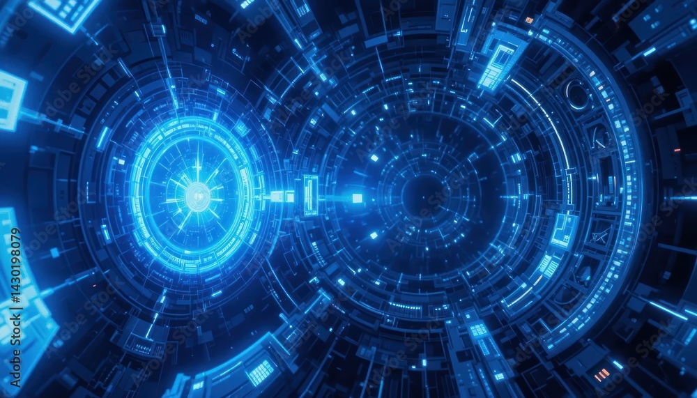 Futuristic Blue Digital Tunnel: A 3D Render of a Sci-Fi Spaceship Corridor Futuristic Blue Digital Tunnel: A 3D Render of a Sci-Fi Spaceship Corridor