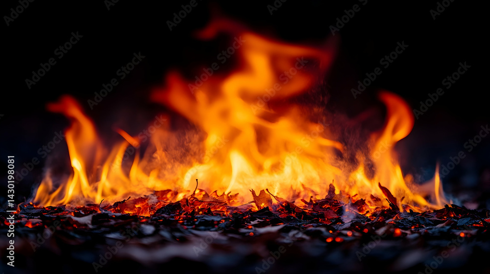 Intense flames consume scattered leaves on the ground with black background Intense flames consume scattered leaves on the ground with black background