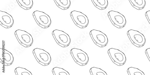 Repeated pattern of avocados illustrated in black and white on a clean background capturing minimalistic design trends
