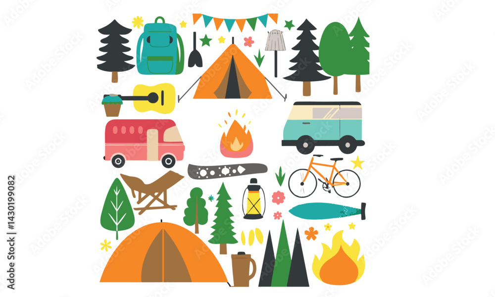 Fototapeta premium Cartoon design elements set for summer camping theme in flat style