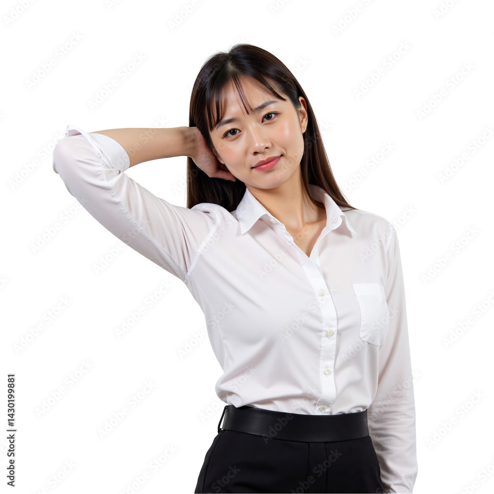 Young Asian Woman in a White Button-Up Shirt with Long Hair Posing Gracefully Against a transparent background Young Asian Woman in a White Button-Up Shirt with Long Hair Posing Gracefully Against a transparent background