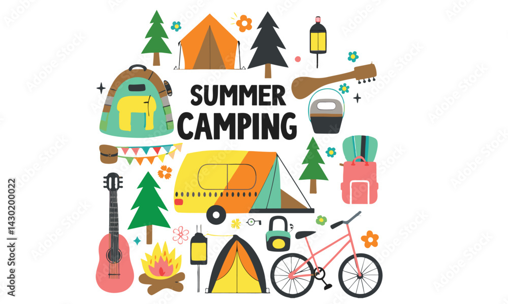 Fototapeta premium Cartoon design elements set for summer camping theme in flat style