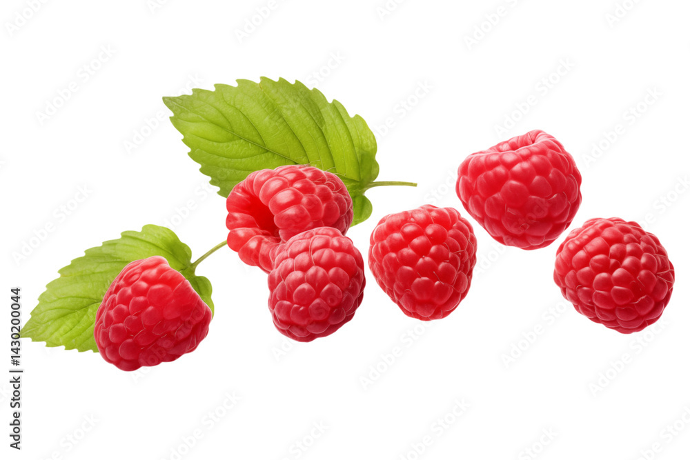 Levitation of raspberries and leaves isolated on transparent background. Levitation of raspberries and leaves isolated on transparent background.