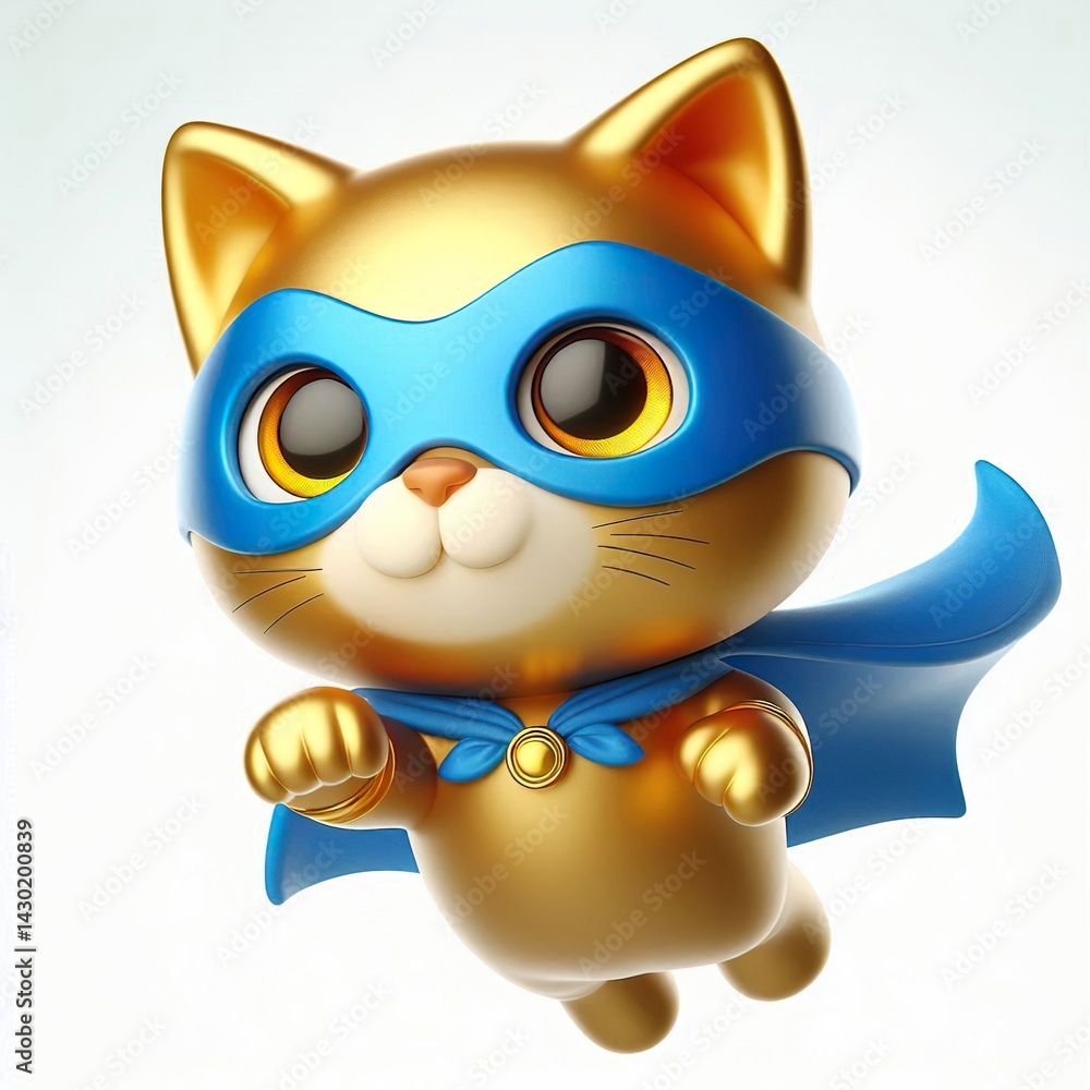 Cute character 3D image of a gold cat superhero wearing a blue mask and blue cloak flies to the left with his paw in front, on a white background Cute character 3D image of a gold cat superhero wearing a blue mask and blue cloak flies to the left with his paw in front, on a white background