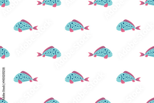 Beautiful seamless natural pattern, blue fish with pink fins  on  white background. For wallpaper, textiles, packaging, background, website. Flat cartoon design. Underwater world.