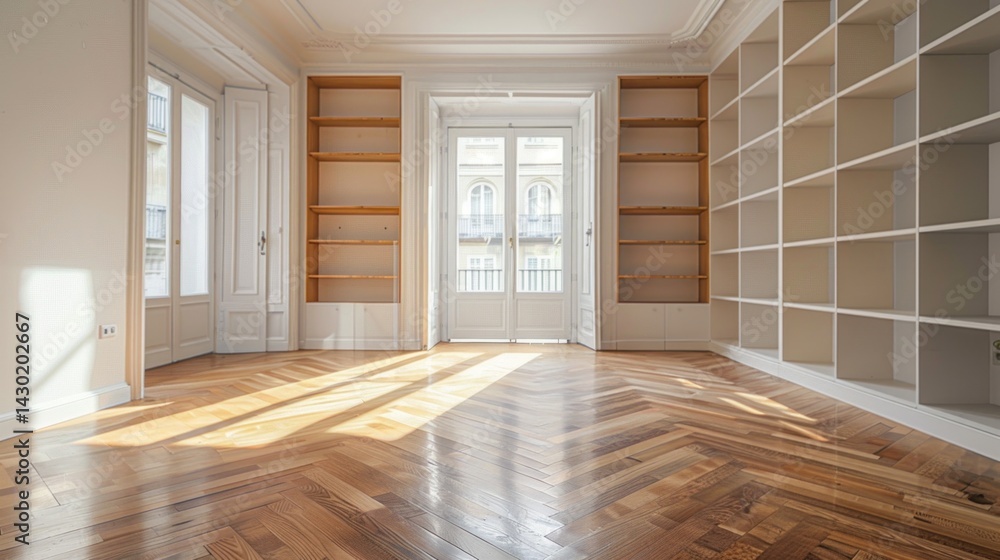 Obraz premium Empty Room with Bookshelves and Wooden Floor