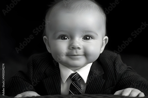 Gray-scale baby in a suit with a tie looking straight ahead with a bright smile on a black background