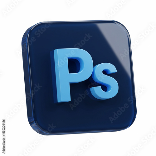 Glossy 3D jelly Photoshop icon, dark blue transparent square with light blue ‘Ps’, floating on white background