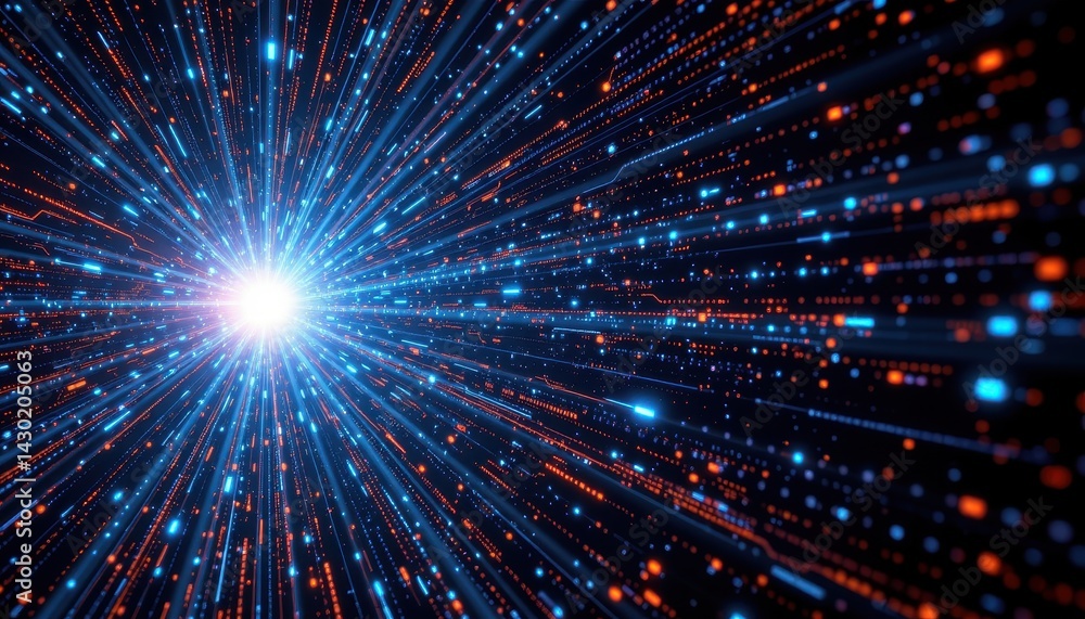 Fototapeta premium Cosmic vortex emission lines with particles forming high tech space grid