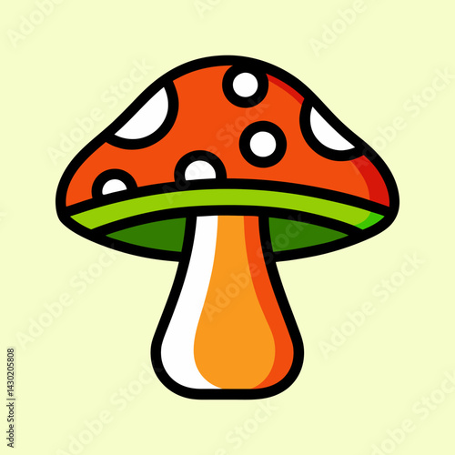 Colorful cartoon mushroom with orange cap, white spots and green base design