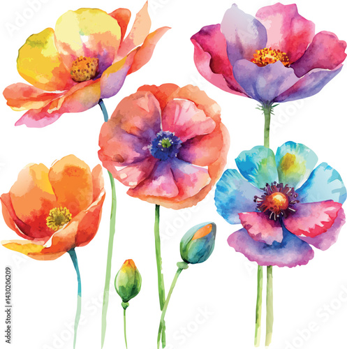 Colorful watercolor art red pink blue orange poppy flowers vector botanical floral classic illustration