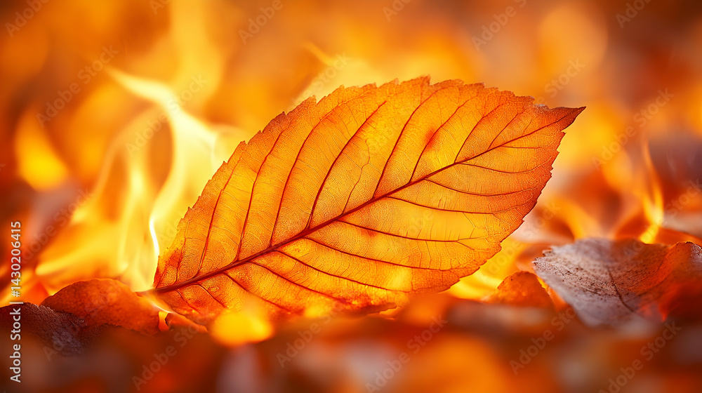 A single orange leaf with visible veins resting on a bed of fallen leaves with a blurry background of fire A single orange leaf with visible veins resting on a bed of fallen leaves with a blurry background of fire