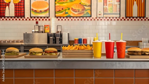 Fast Food Restaurant Display With Burgers Fries And Drinks In A Diner Setting