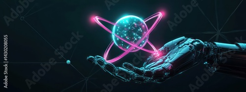 A robotic hand holds a glowing atom, symbolizing the fusion of technology and science.