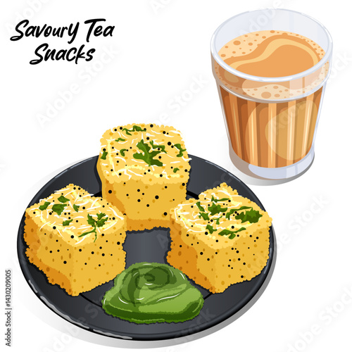 Indian Savoury Tea Snacks. Khaman Dhokla with Masala Chai. Coriander, Shaved Coconut & Mustard Beans Garnish Served with Green Chutney on Plate.