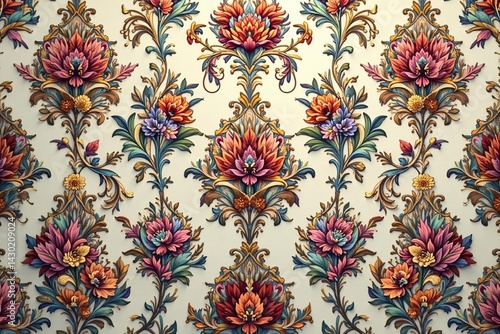 Intricate floral damask pattern in muted tones, design element, fabric